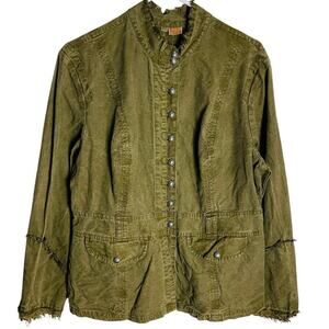 Tianello 100% Tencel Morocan Jacket Womens L Army Green Distressed‎ Raw Seams